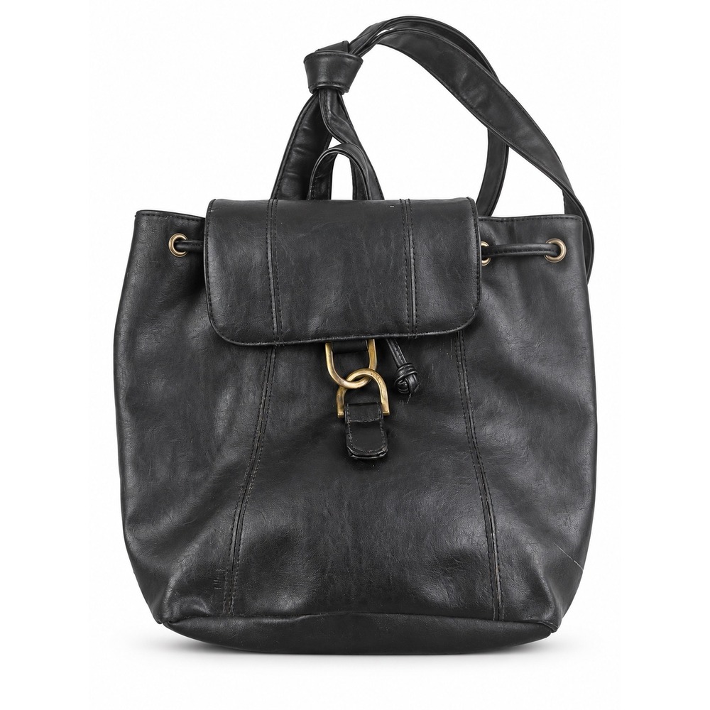 Vintage Y2K Black Leather Drawstring Minimalist Shoulder Bag Purse